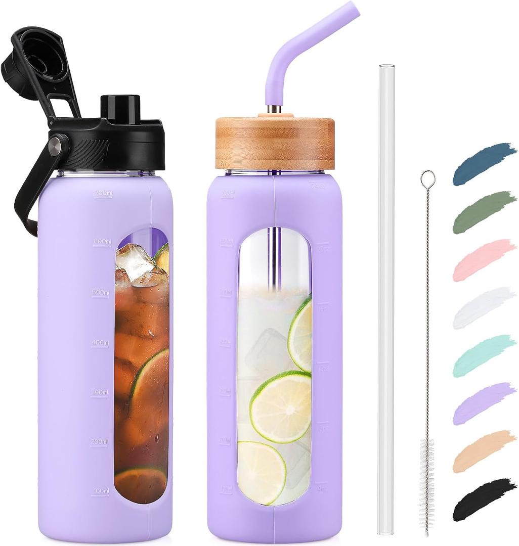 Kodrine Water Bottle with Straw, 24 oz Glass water Bottle with 2 Lids Bamboo Straw Lid and Spout Lid with Handle, 32 oz Clear Water Bottle Glass for Sports Travel, Water bottle with Time Marker (Purple)