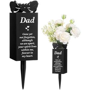 Geosar Father's Day Dad Memorial Stakes Grave Cemetery Decorations Metal Feather Cemetery Markers Plaque with Spike Flower Holder for Loss Loved Ones Burial Ground Lawn Yard Funeral Decor