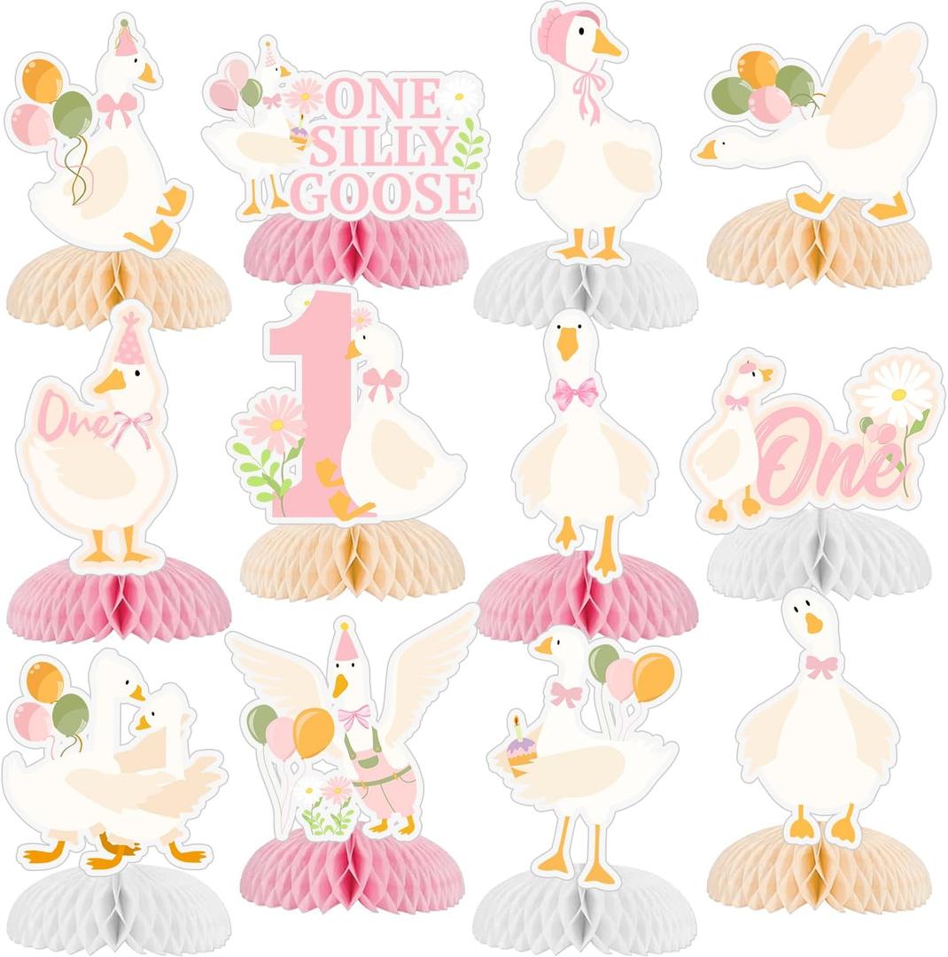 12 PCS Silly Goose Honeycomb Centerpieces, One Silly Goose 1st Birthday Party Decorations Silly Goose Table Centerpieces Decorations Party Supplies for Pink Bow One Silly Goose Birthday Decor