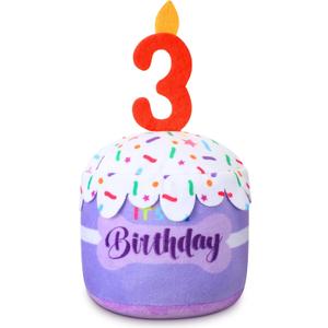 Dansydaisy Dog 3rd Birthday Cake Toy Accessories for Girl Boy Gifts, Purple Squeaky Plush Toy for Dog Birthday Party Decor Favor for Large, Medium and Small Dogs