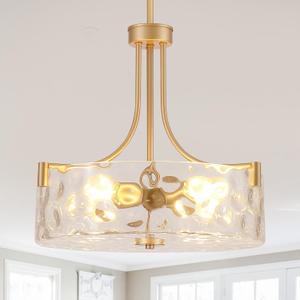Gold Glass Drum Chandelier, 4-Light Modern Hammered Ripple Glass Chandelier, 16.9"W × 67.5"H