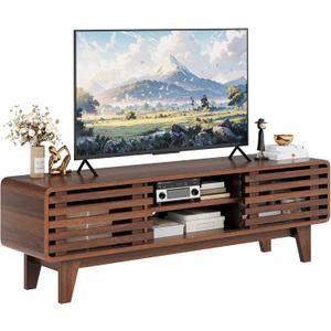 Luoxiao 55" Mid Century Modern TV Stand for 55 60 65 Inch TV, Walnut Media Console with Slatted Sliding Doors, Retro Wood Entertainment Center with Storage Shelves for Living Room, Bedroom