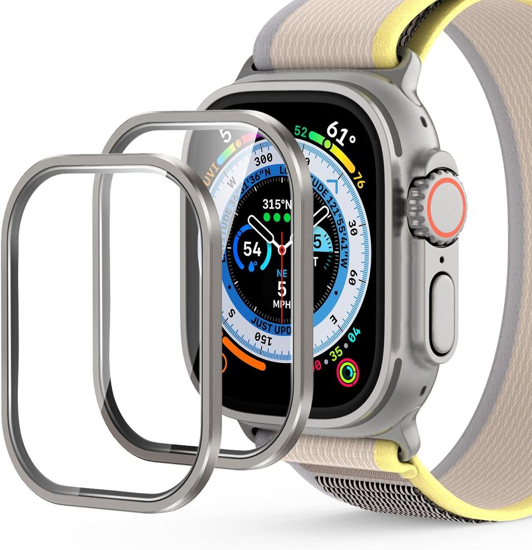 AGVEE 2 Pack Screen Cover Protector for Apple Watch Ultra 2nd 1st 49mm, 9H Tempered Glass with Titanium Aluminum Alloy Frame Bumper Case Cover, Original Touch Sensitive iWatch Film, Original