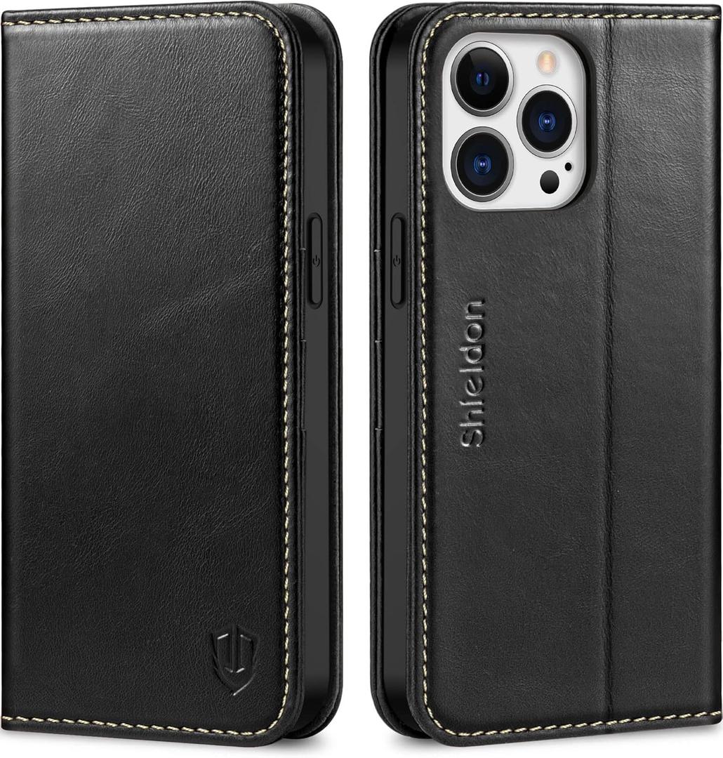 SHIELDON Genuine Leather Wallet Case for iPhone 13 Pro Max 6.7" - Kickstand, RFID Blocking, Magnetic, Shockproof, Compatible with iPhone 13 Pro Max 5G - Retro Black