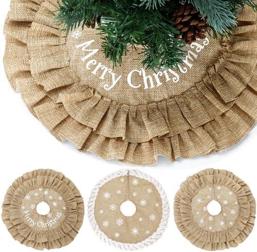 Civaner 3 Pcs 15 Inch Mini Burlap Christmas Tree Skirt Rustic Farmhouse Small Tree Skirt Linen Burlap Mat Printed with White Snowflake Christmas Decoration for Xmas Home Winter Holiday Decor