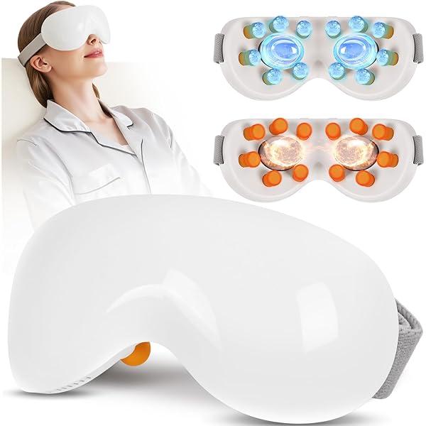 GANOEL Eye Massager with Heat and Cooling for Migraines – 14 Massage Nodes for Eye Strain Relief, Rechargeable Bluetooth Music, Improve Sleep, Birthday & Holiday Gifts for Women and Men (White)