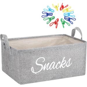 17 Pcs Snack Basket Sets, Snack Storage Bin for Pantry Shelves with 16 Pcs 2 Inch Chip Clips, Basket Organizer for Kitchen Home, Chips, Popcorn, Candy, Pretzels(Burlap,Grey)