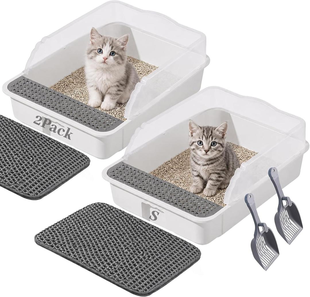 2 Pack Small Cat Litter Box with Mat & Scoop, Open Top High Sides