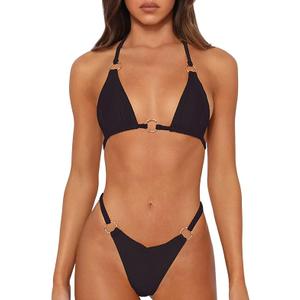 Sexy Bikinis for Women 2 Piece Bikini Spaghetti Strap Swimsuits Solid Color Bathing Swimwear Triangle Bathing Suit (Black,Medium)