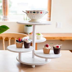 4 Tiered Beaded Cake and Cupcake Stand, Rustic Wooden Cupcake Tower Stands for 50 Cupcakes, White Cupcake Tier Stand Display for Birthday Wedding Baby Shower Tea Party Decor