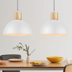 ELYONA 2 Pack Hammered Pendant Lights, 12" Modern Metal Dome Hanging Lamp Solid Wood Pendant Light Fixtures for Kitchen Island, Farmhouse, Dining Room, Sink, Bedroom, Hallway, Nordic White