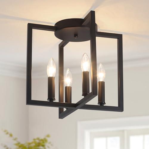 Bosomfr Semi Flush Mount 4-Light Black Ceiling Light, Modern Farmhouse Industrial Light with Geometric Metal Shade, Kitchen, Hallway, Bathroom
