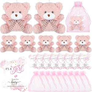 Sasylvia 25 Set Bear Baby Shower Favors for Guest 25 Mini Plush Toy Tiny Keychains 25 Thank You Tags 25 Organza Bag (Pink)