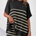 Fisoew Women's Striped 2 Piece Outfits Oversized Batwing Short Sleeve Tops High Waisted Shorts Summer Knit Lounge Short Sets (Black, XXL)