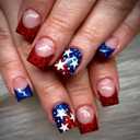 4th of July Press on Nails French Tip Short Square Independence Day Fake Nails with Designs Glitter Patriotic Nails Press Ons Glossy Full Cover Short Red White Blue Star False Nails For Women 24PCS