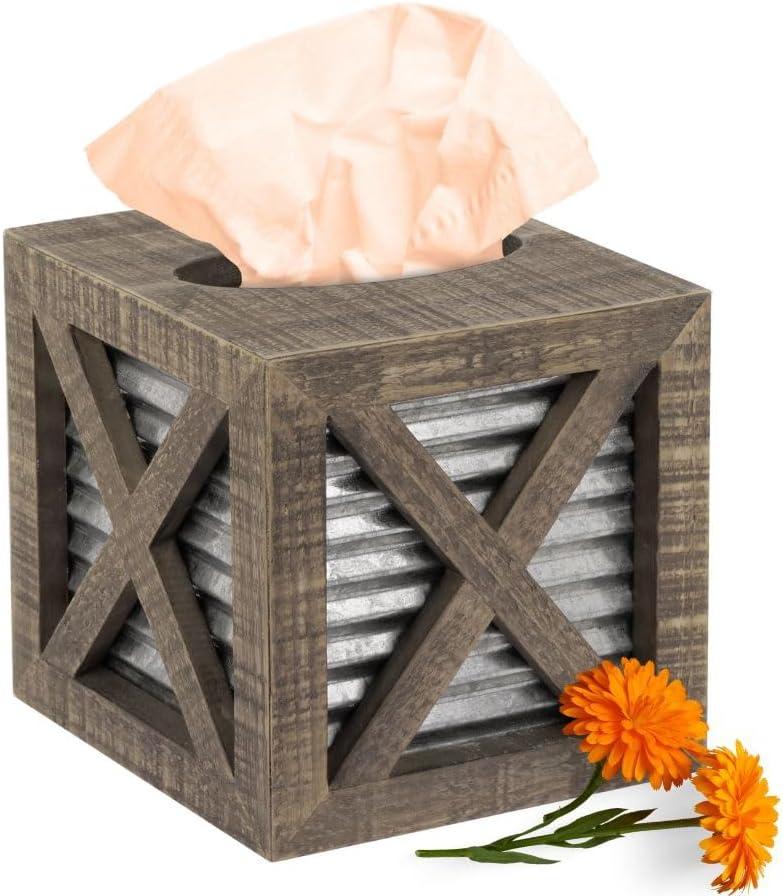 Autumn Alley Barn Door Rustic Square Farmhouse Tissue Box Cover, Farmhouse Bathroom Accessories, Rustic Bathroom Dcor Tissue Holder, Wood Tissue Box Cover with Galvanized Decor (Brown)