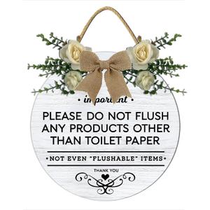 Rustic Bathroom Sign Important Please Do Not Flush Any Products Other Than Toilet Paper Round Bathroom Wood Plaque Signs with Bowknot, 11 x 11 Inches - Farmhouse Wall Art
