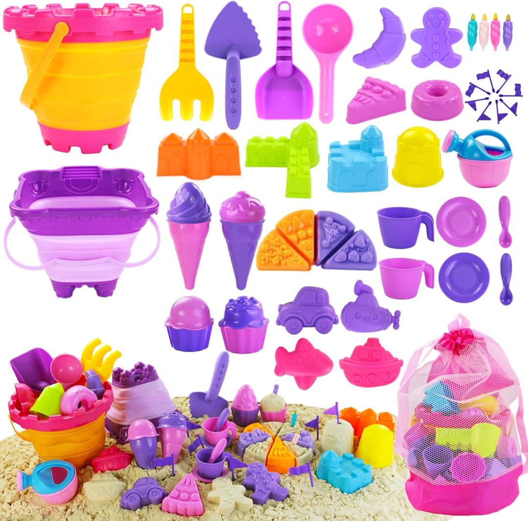Elovien Beach Sand Toys, 50Pcs Sandbox Toys with 2 Collapsible Buckets, Mesh Backpack Bag, Shovels, Ice Cream, Cake & Castle Sand Molds, Summer Outdoor Travel Toys for Kids Toddlers Girls