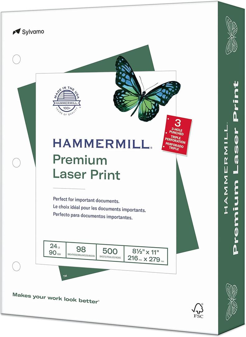 Hammermill Premium Laser Print Paper, 24 lb Copy Paper, 8.5 x 11 Letter Size, 3 Hole - 1 Ream (500 Sheets) - 98 Bright