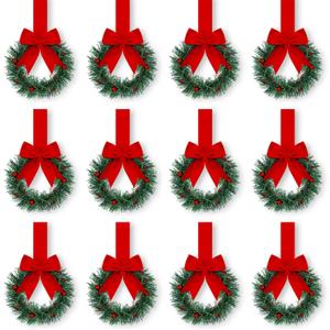 Retrowavy 12 Pcs Christmas Kitchen Cabinet Wreaths with Ribbon 3.94 Inch Mini Christmas Wreath Small Kitchen Xmas Decor for Window Door(Dark Red,Classic Style)