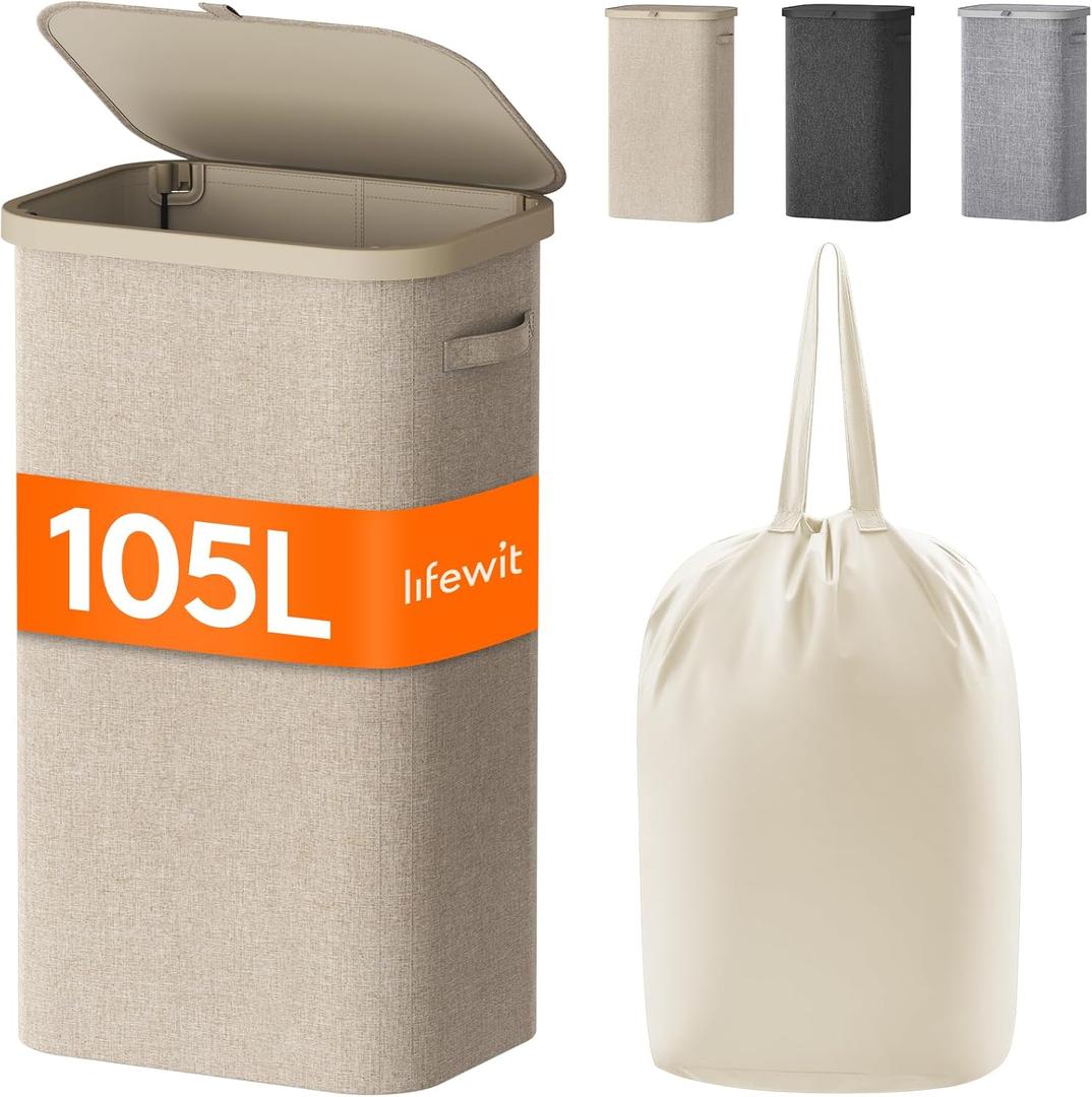 Lifewit 105L Laundry Basket with Lid, Large Laundry Hamper with Plastic Handles and Removable Bag, Foldable Tall Dirty Clothes Hampers for Laundry for Laundry Room, Bedroom, Bathroom, Dorm, Beige