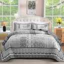 WONGS BEDDING Grey Quilt Set Queen Size,Bohemian Patchwork Bedspread Coverlet Set, Soft Boho Floral Pattern Bedspreads Bedding Quilt Set for All Seasons (96"x90")