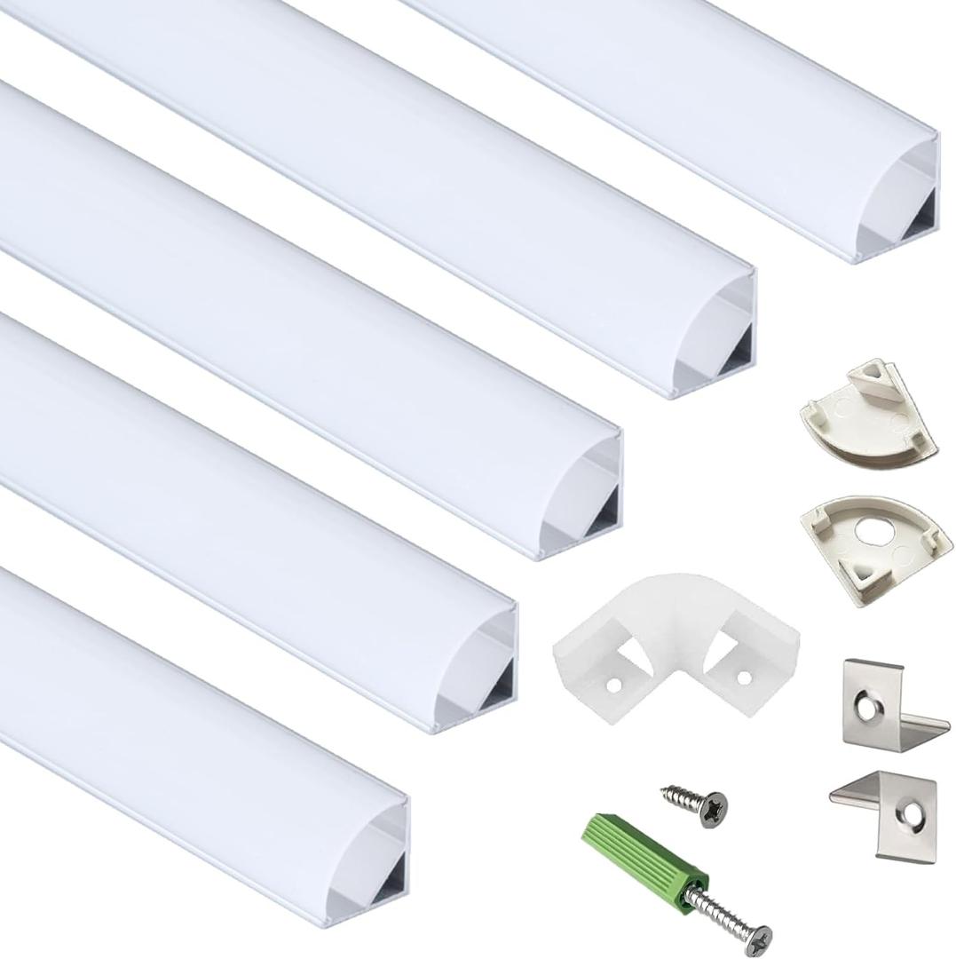 THMOOTHER 5-Pack 3.3FT 1Meter V Shape LED Strip Aluminum Channel Diffuser System, Extruded Alu Track Milky Cover with Corner Connector and Mounting Kit, Easy Cut and Installed Curved Lens Profile