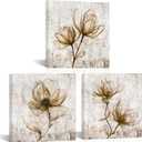 VANSEEING 3 Pieces Rustic Floral Wall Art Canvas Prints Vintage Magnolia Flower Brown Wall Decor Pictures Artwork Decoration for Bathroom Bedroom Farmhouse 12"x12"x3