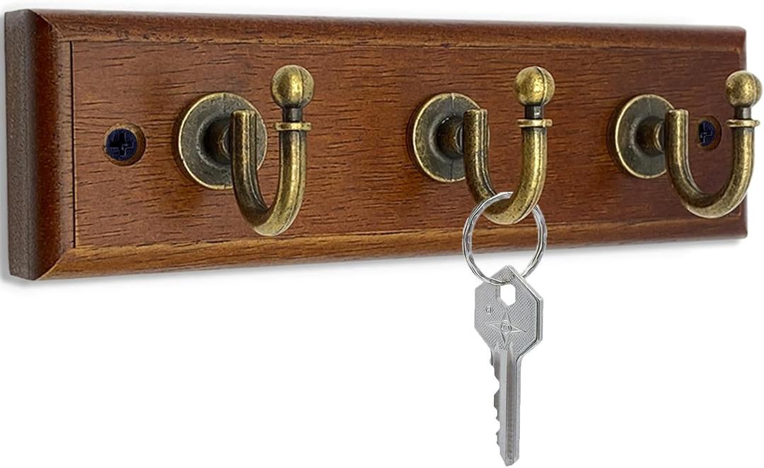 6.7" Wooden Key Holder for Wall, Decorative Key Rack with 3 Hooks (2 Pack Brown)