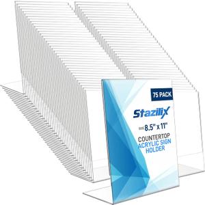 75 Pack Acrylic Sign Holder 8.5x11, Standing L-Shape Vertical Menu Holder Stand, Flyer Display Stand, Table Paper Holder, Plastic Sign Display Stand for Restaurants, Store, Office
