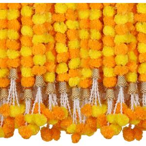 Marubhumi Artificial Marigold Flower Strands Garland for Diwali Decor,5 Feet Long Strands, Garland for Decoration, Diwali Decorations for Home, Christmas Decor Wedding Decor, Yellow & Mango - 5 PCS