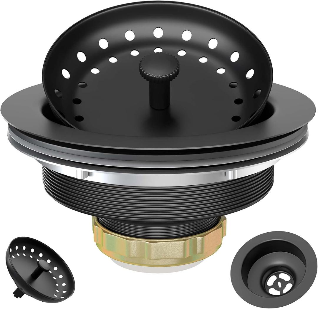 Black Sink Drain 3-1/2 Inch Matte Black Kitchen Sink Drain Strainer Assembly Kit with Strainer Basket and Drain Stopper for Standard Kitchen Sink Stainless Steel