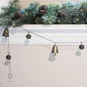 Antique Gold Finish Bell Garland, 7FT Scandinavian Christmas Decor with 15 Bells, Rustic Farmhouse Holiday Garland for Tree, Mantel, Wall Decorations - Vintage European Style Holiday Ornaments