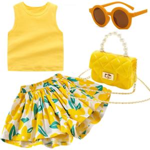 Deerhobbes Design your own Girls' Short Sets - Trendy and Comfortable Summer Outfits for Girls Fashionable Clothing Sets 4pc (3-4 years old, Yellow)