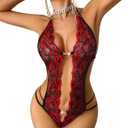 Avidlove Women One Piece Lingerie Sexy Lace Bodysuit Deep V Teddy Babydoll Nightgown Black&True Red X-Large