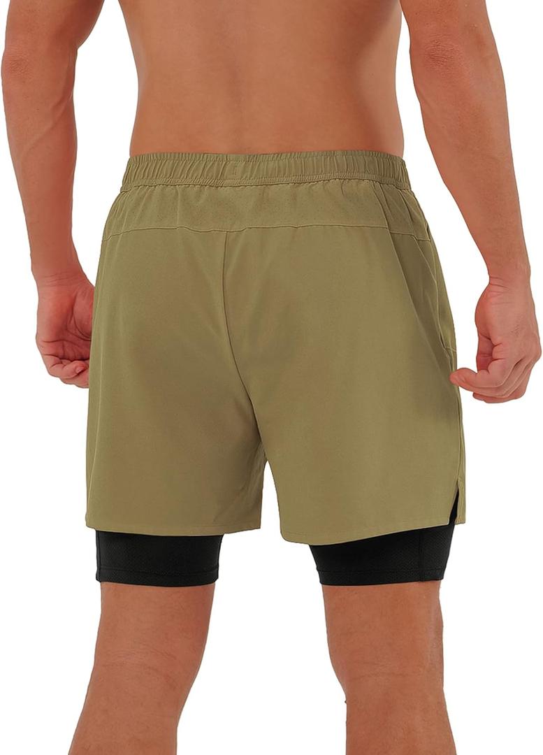 2 x ODODOS Men's Athletic Shorts with Pockets 5" Quick Dry Lightweight Workout Gym Running Shorts, Tan, X-Large