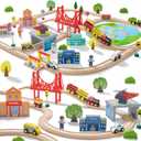 Tiny Land 110PCS Wooden Train Set  Toy Train with Tracks for Kids Ages 3-7, Compatible with Major Brands, Ideal Railway Playset for Boys and Girls, Great Birthday