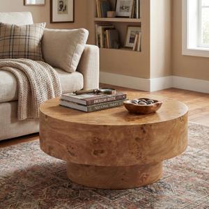 Christopher Knight Home Idla Modern Round Coffee Table, MDF Wood Coffee Table with Pedestal Base, Wooden Center Table for Living Room, Burl Veneer Finish, Natural, 31.5" x 31.5" x 14.57" inches
