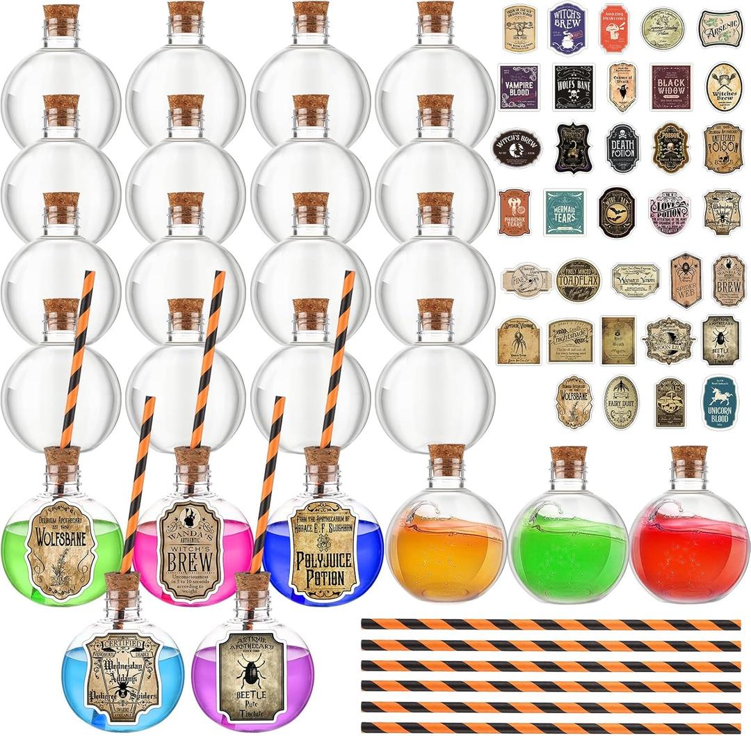 Baderke 24 Packs 6 oz Halloween Potion Drinks Cup with Straws and Stickers Plastic Potion Bottles Cocktail Ornament Balls for Halloween Christmas Centerpieces Party Decorative Supplies
