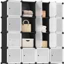 SONGMICS Cube Storage Organizer, Set of 16 Plastic Cubes, Closet Storage Shelves, DIY Plastic Closet Cabinet, Modular Bookcase, Shelving with Doors for Bedroom, Living Room, Black and White ULPC44HS