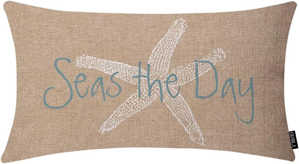 EKOBLA Square Throw Pillow Covers Beach Ocean Coastal Orange Black Blue Starfish Sea Life Animal Cotton Linen Cushion Case for Sofa Couch 12x20 Inches