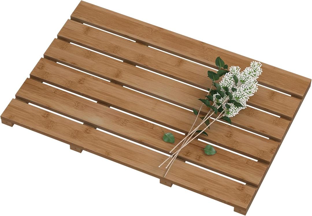 Bamboo Wooden Bath Floor Mat for Luxury Shower - Non-Slip Bathroom Waterproof Carpet for Indoor or Outdoor Use (Walnut) (21.3 x 14.2 x 1.2 inches)