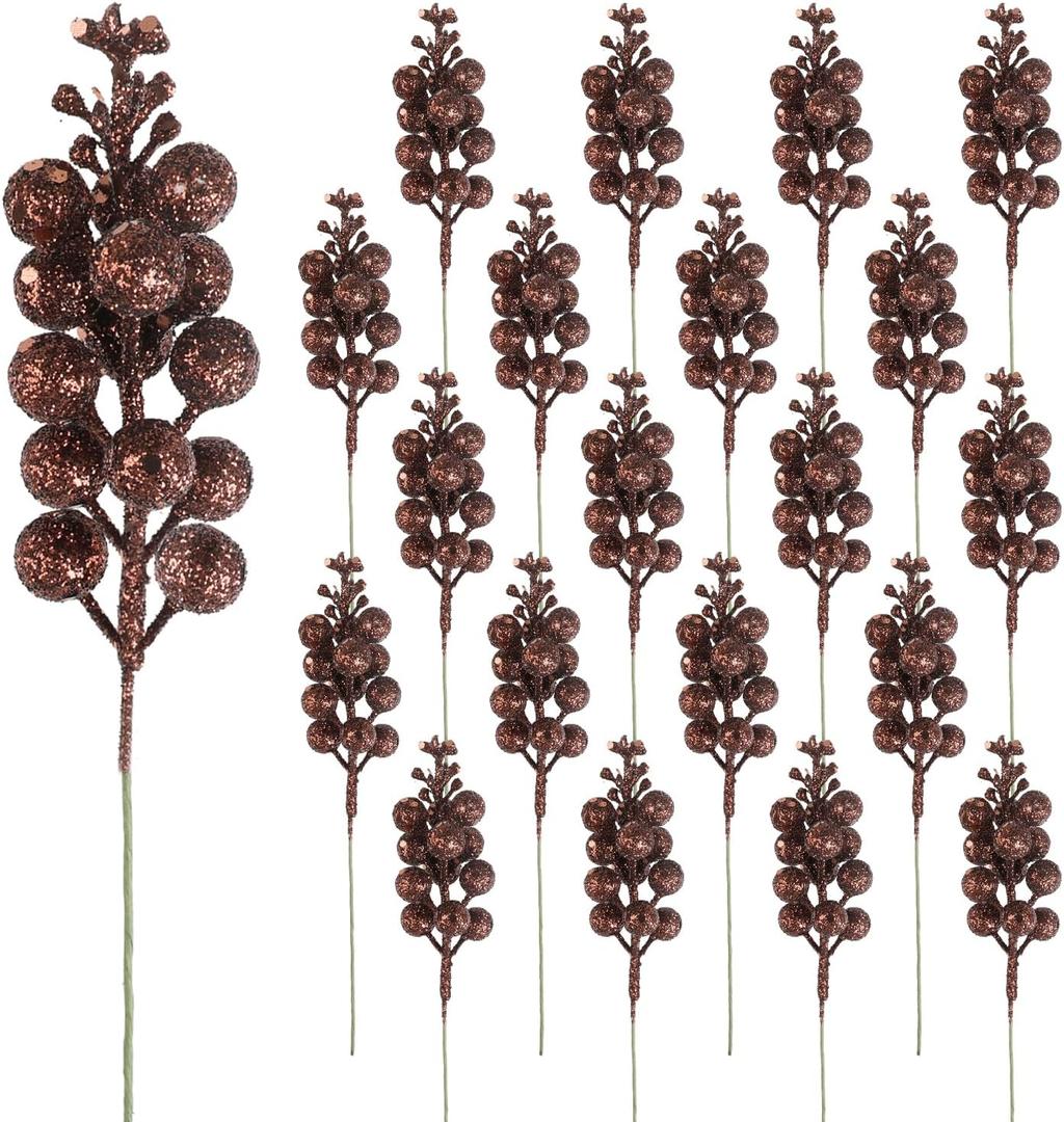 DIYASY Glitter Berry Stems for Christmas Tree Ornaments,20Pcs Brown Picks and Sprays Artificial Branches Xmas Tree Filler Holiday Wreath Garland Decorations Home Dcor 7.8 Inch