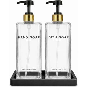 Glass Hand and Dish Soap Dispenser Set by Brighter Barns - Kitchen Soap Dispenser Set with Tray & Pump - Refillable Glass Bottles for Sink - Neutral Kitchen Accessories for Airbnb, Restaurants (Clear)