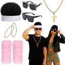 Ramede 6 Pcs Halloween Reality TV Couple Costume Accessories Include Novelty Hair Hats Gold Necklace Oversize Sunglasses Fur Leg Warmers and Earring for Women Men Nightclub Cosplay Party Outfits