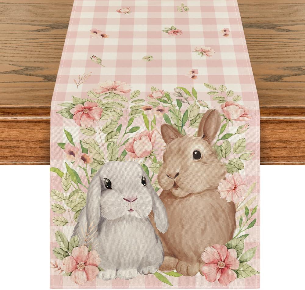 Artoid Mode Bunny Rabbit Flowers Leaves Pink Buffalo Plaid Easter Table Runner, Spring Kitchen Dining Table Decoration for Home Party Decor 13x108 Inch