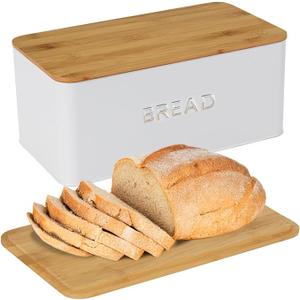 Culinary Couture White Bread Box for Kitchen Countertop with Bamboo Lid - Large BreadBox for Homemade Bread - Storage BreadBox with Cutting Board Lid