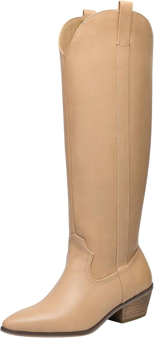 festooning Women's Knee High Boots Pointed Toe Inner Zipper Western Cowboy Boots Pull On Chunky Heel Wide Calf Tall Boots for Ladies