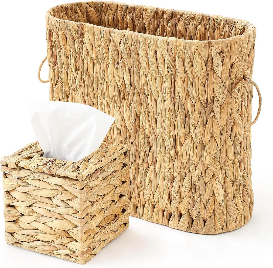 Remerry 2 Pcs Toilet Paper Storage Set, Water Hyacinth Tissue Box Cover and Wiker Toilet Paper Holder Basket for up to 8 Mega Rolls, Natural Bathroom Accessories Organizer, Rustic Boho Decorative