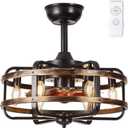 Caged Ceiling Fans with Lights Black Farmhouse 18 Flush Mount Bladeless Rustic Chandeliers Fan Lights with Remote Vintage Reversible Ceiling Fan for Living Room Bedroom Kitchen 6 Light Bulb Base E12